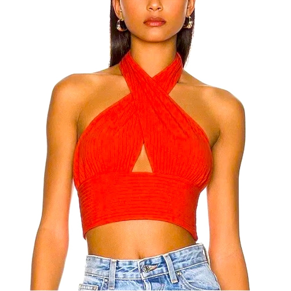 Revolve Callahan Knit Mimi Halter Crop Top Ribbed Red Size S